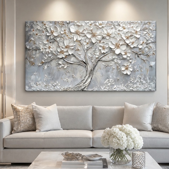 Quadro moderno albero in fiore 77x143 cm stampa su tela con decoro a rilievo